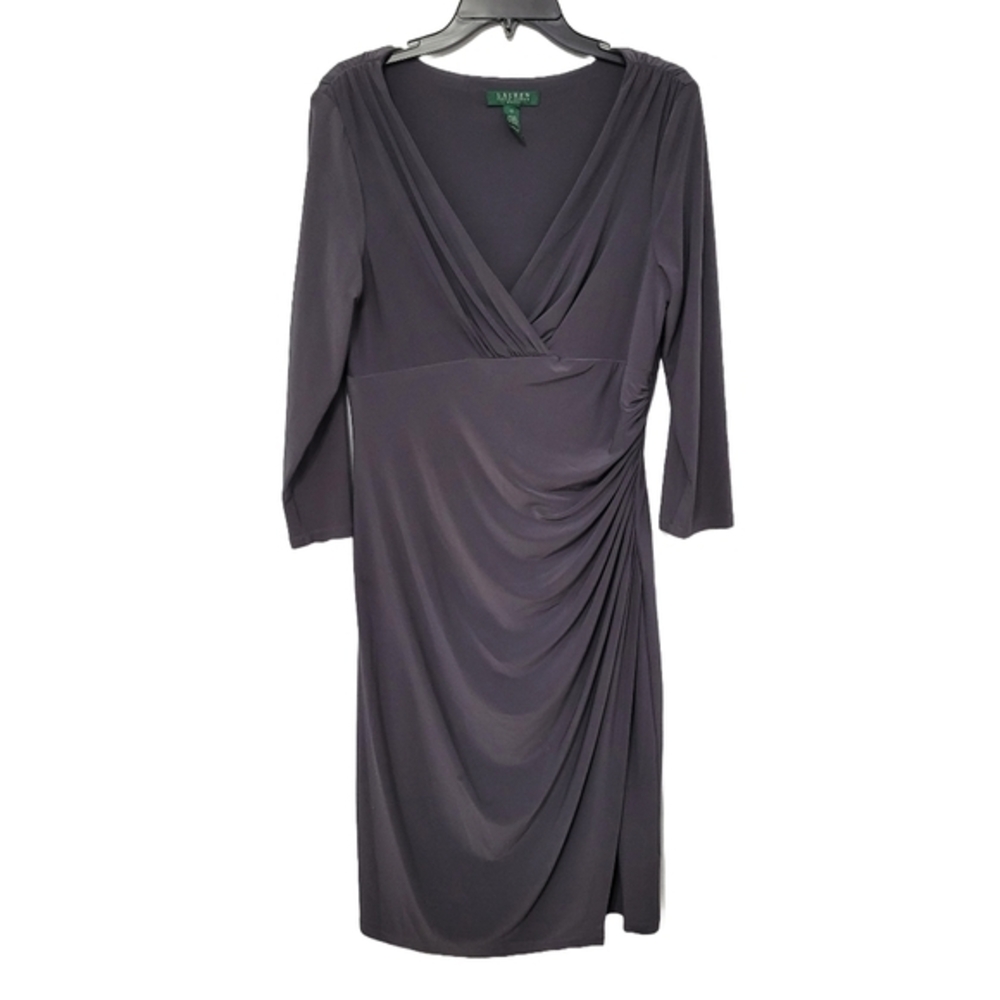 Lauren Ralph Lauren Surplice Jersey Knit Dress Size 10‎ Grey Faux Wrap Office